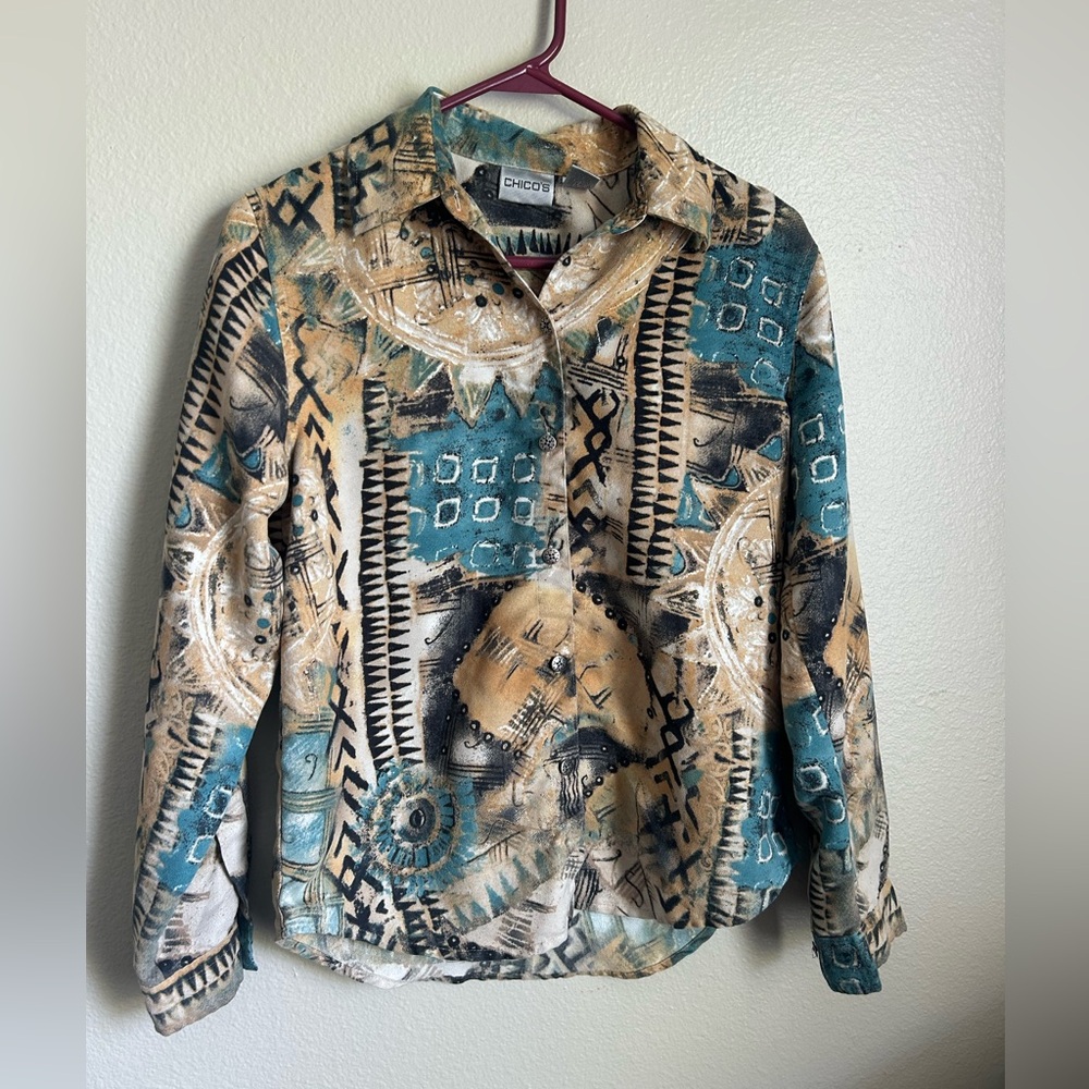 Chicos Western Aztec Pattern Button Up Flannel Si… - image 1